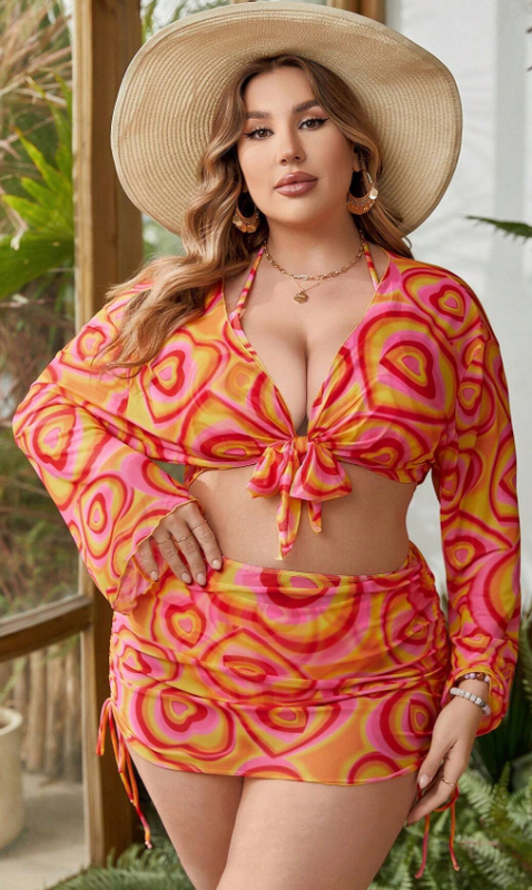Plus Size Heart Pattern Piece Bikini Set with Cover Up Orange