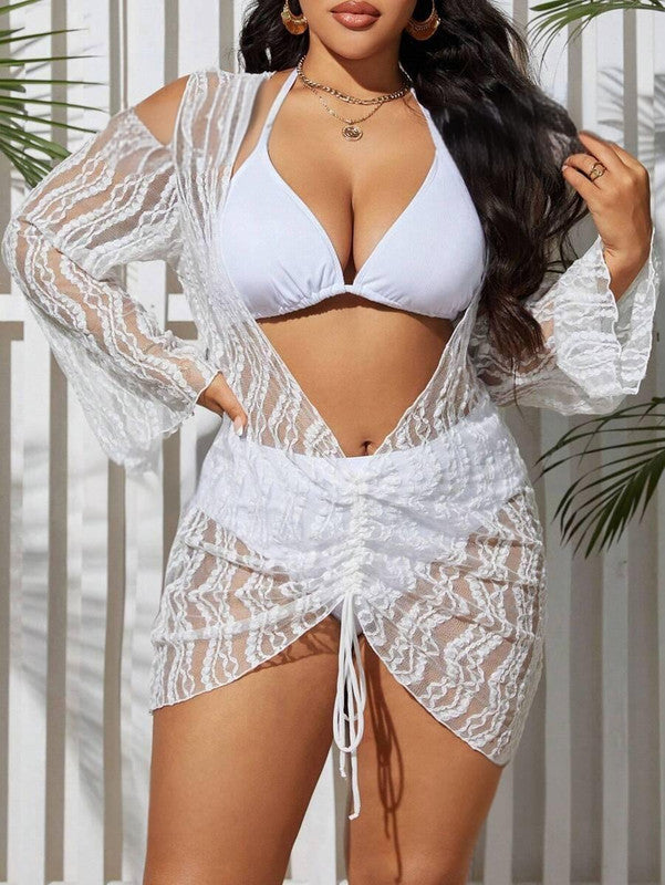 Plus Size Long Sleeve Mesh Piece Bikini Set White – Plus Curvves