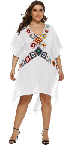 Plus Size Random Crochet Floral Decor Beach Dress White