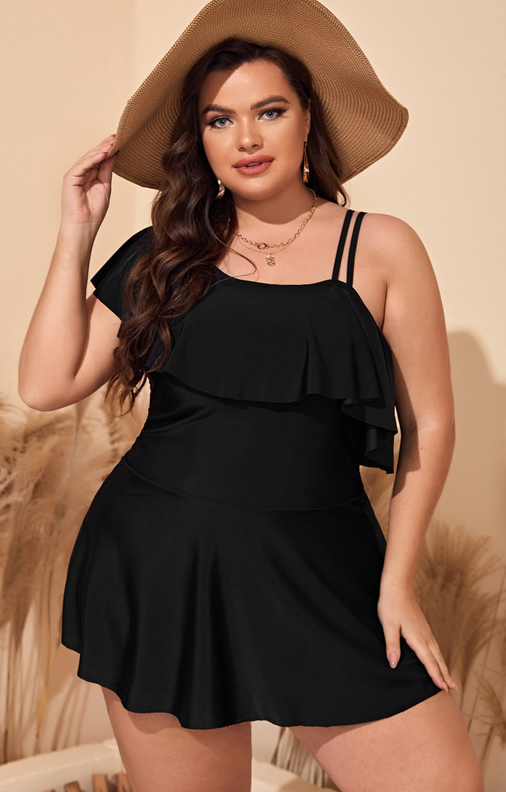 Black Plus Ruffle Trim Asymmetrical Swim Dress With Bikini Bottom Black Plus Ruffle Trim Asymmetrical Swim Dress With Bikini Bottom