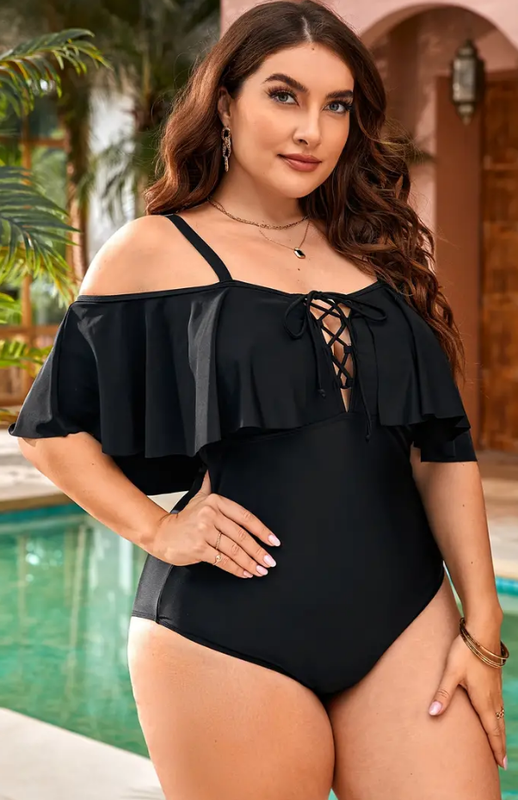 Plus Lace Up Front Ruffle Trim One Piece Swimsuit Black