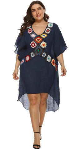 Plus Size Random Crochet Floral Decor Beach Dress Navy Blue
