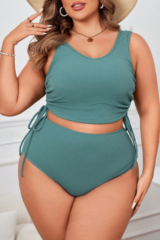 Solid Shoulder Straps Round Neck Two Piece High Waist Bikini Dusty Tea