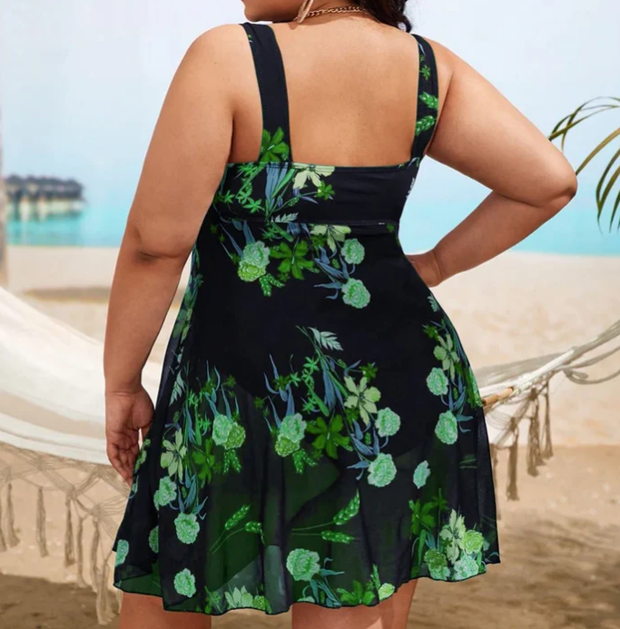 Plus Floral Print Dark Green Split One Piece Swimsuit