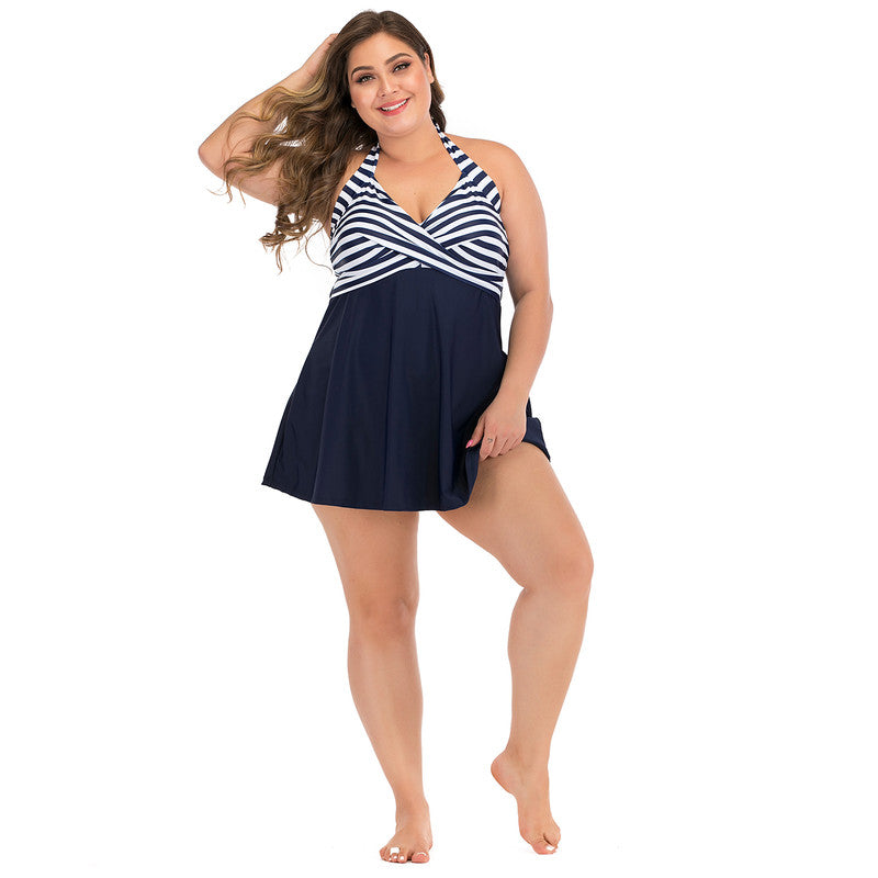 Striped Printed Wrap Chest Split Swimsuit