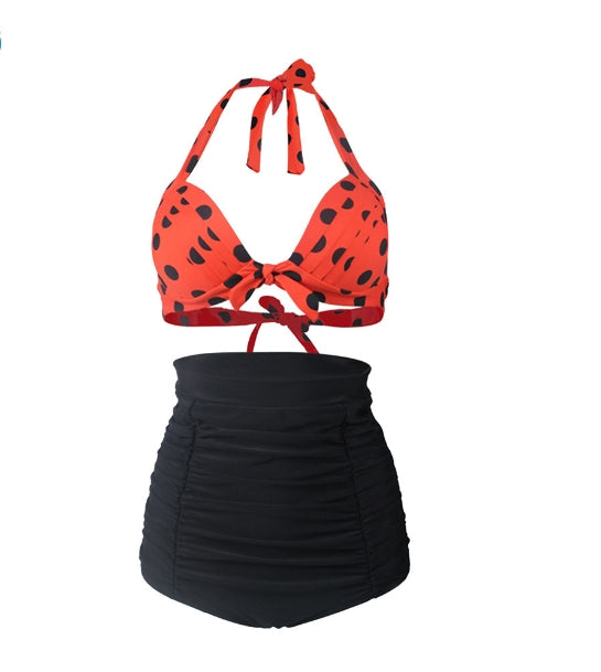 Plus Size Vintage Retro High Waist Halter Bikinis Swimsuit Dark Orange - Main Image