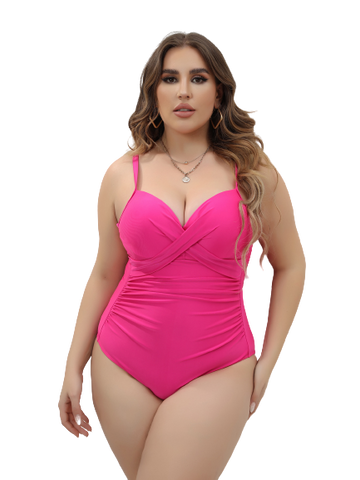 Plus Ruched Wrap Cross Push Up One Piece Swimsuit Pink