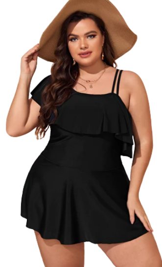 Black Plus Ruffle Trim Asymmetrical Swim Dress With Bikini Bottom