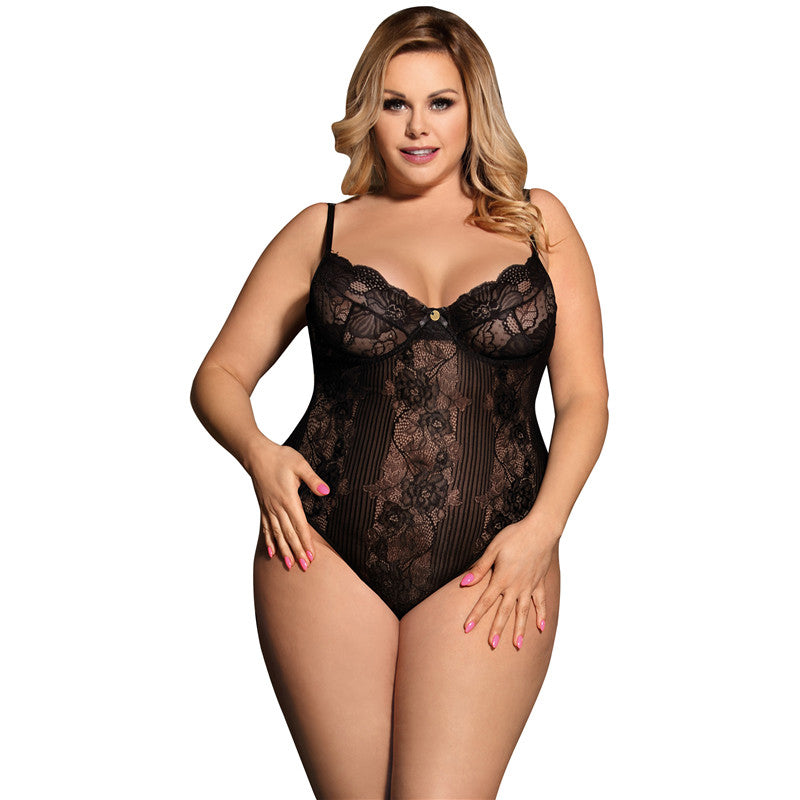 Plus Size Black Glamour Underwire Sheer Lace Teddy