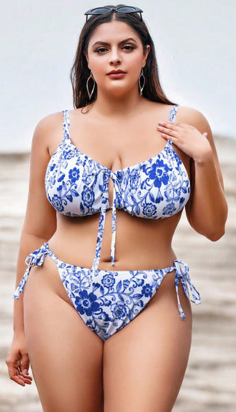 Blue Floral Tie Side Bikini Set