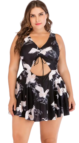 Plus Size Swimdress Floral Halter One Pieces Tankini Black