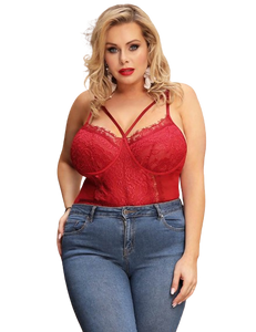 Lace Openable Crotch Plus Size Red Bodysuit Without Underwire