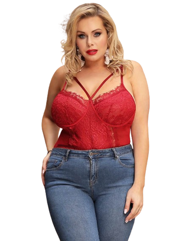 Lace Openable Crotch Plus Size Red Bodysuit Without Underwire