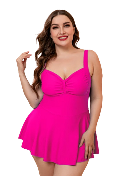 Plus Size Pink Gathered Detail Swim Dress