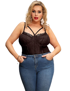Lace Openable Crotch Plus Size Black Bodysuit Without Underwire