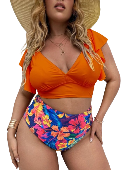Plus Size Orange Floral Tropical Print Ruffle Sleeve High Waist Bikini