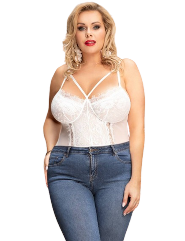 Lace Openable Crotch Plus Size White Bodysuit Without Underwire