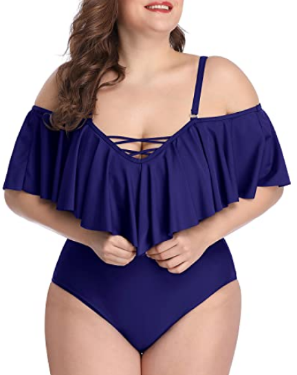Plus Size Swimwear Blue Color Ruffled One-piece Set Off-the-shoulder
