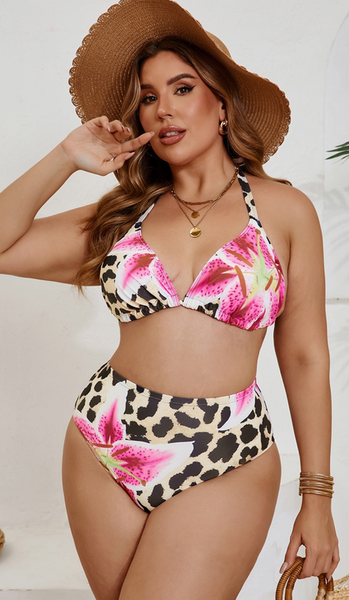 Multicolor Mixed Print Halter Bikini Set