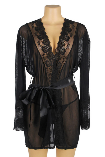 Black Lace Sexy Hollow Out Back Design Robe Lingerie with Panties