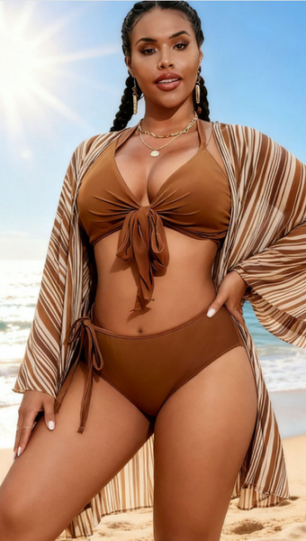 Brown Solid Halter Bikini Set With Sarong