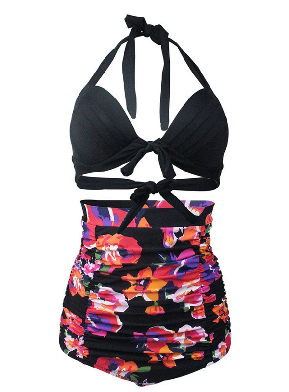 Plus Size Black Floral Print Halter Backless Retro Style Binikis Swimwear