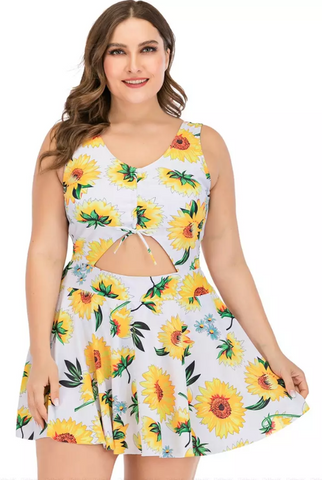 Plus Size Swimdress Sunflower Halter One Pieces Tankini Off White