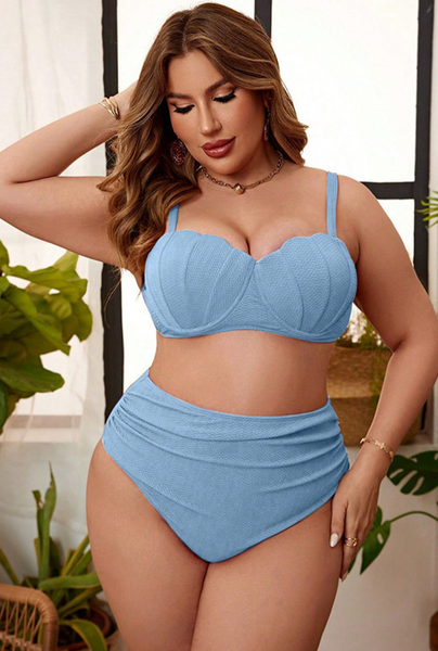 Blue Solid High Waisted Bikini Set
