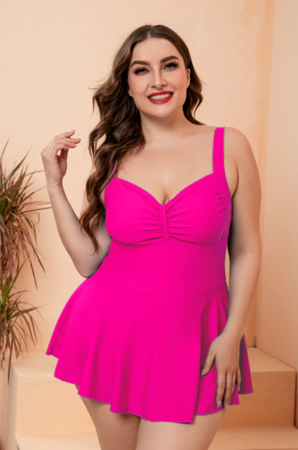 Plus Size Pink Gathered Detail Swim Dress