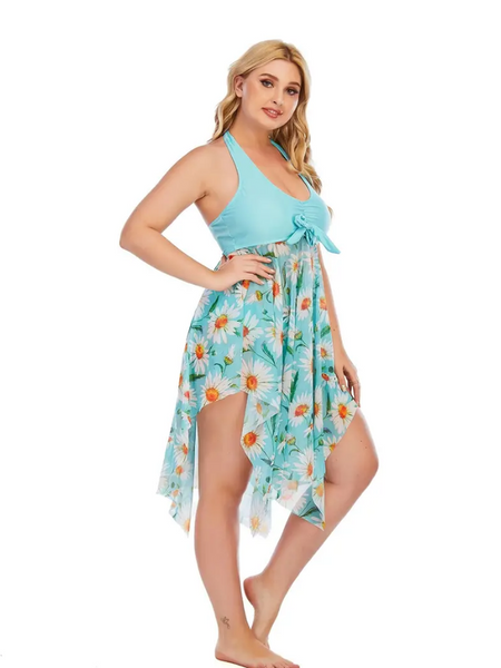 Plus Size Floral Print Irregular Hem Dress & Panty Swimsuit Set Blue