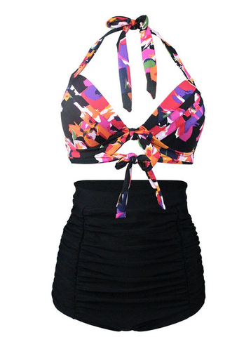 Plus Size Multicolor Floral Print Halter Backless Style Binikis Swimwear