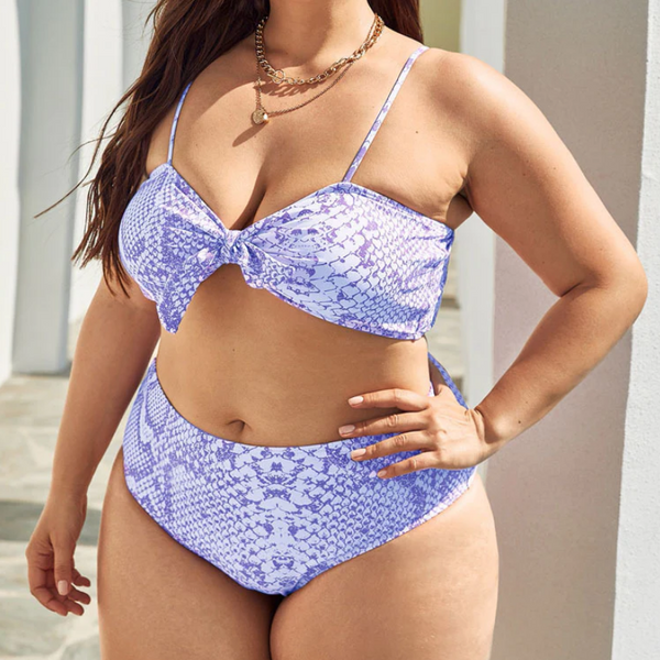 Plus Size Three Piece Fish Scale Print Knotted Swimsuit Purple