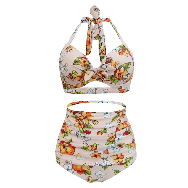 Plus Size Floral Hollow Out High Waist Bikini Set multicolour