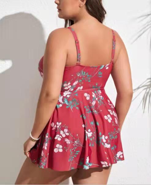 Plus Size Floral Print Swim Dress With Shorts Red – Plus Curvves