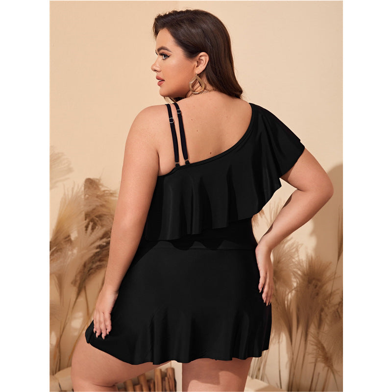 Black Plus Ruffle Trim Asymmetrical Swim Dress With Bikini Bottom  Plus  Curvves