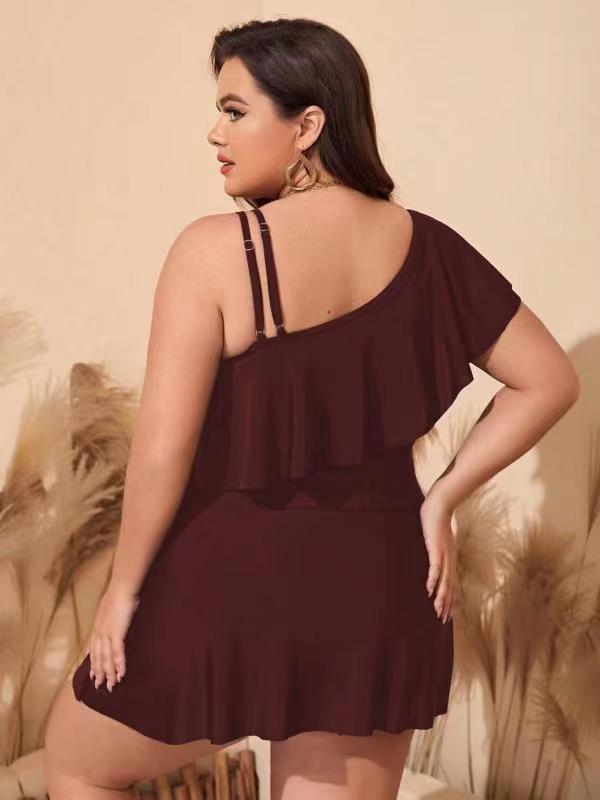 Maroon Plus Ruffle Trim Asymmetrical Swim Dress With Bikini Bottom