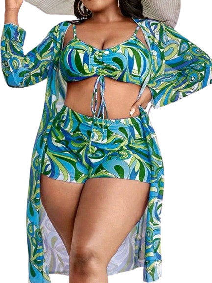 Plus Size 3-Piece Tropical Print Drawstring Bikini Set With