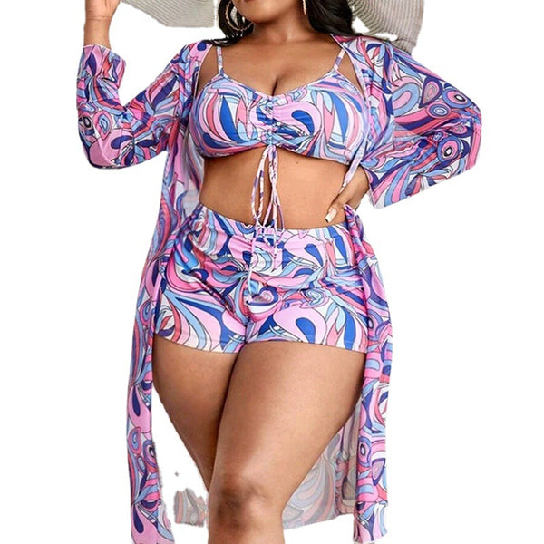 Plus Size 3-Piece Tropical Print Drawstring Bikini Set With Matching Cover-Up Pink