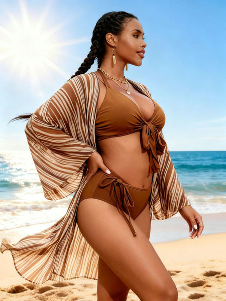Brown Solid Halter Bikini Set With Sarong