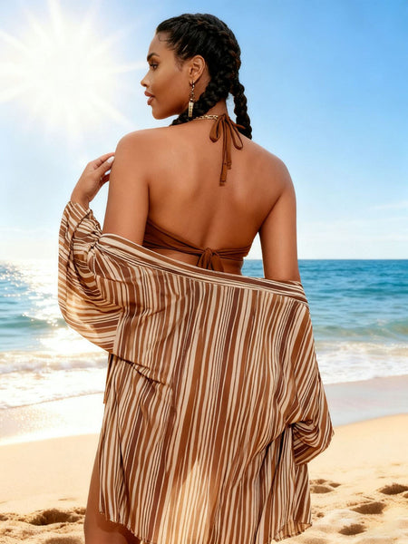 Brown Solid Halter Bikini Set With Sarong
