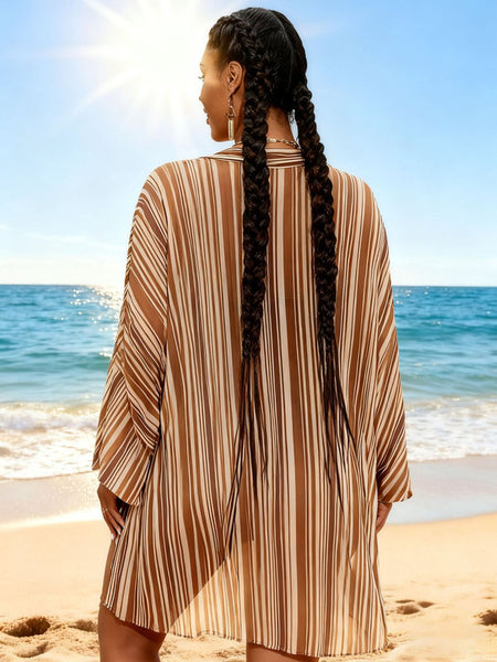 Brown Solid Halter Bikini Set With Sarong