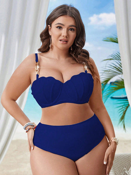 Blue Solid High-Waisted Bikini Set With Sarong