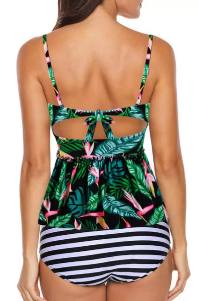 Plus Size Black 2pcs Floral Print Flounce Tankini Swimsuit