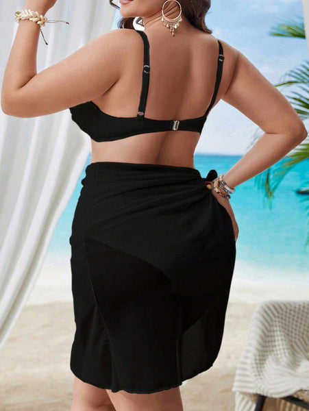 Black Solid High-Waisted Bikini Set With Sarong