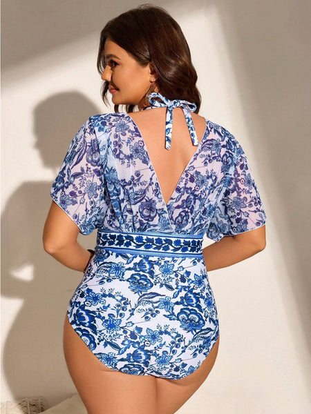 Blue Floral Halter One-Piece Swimsuit