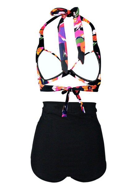 Plus Size Multicolor Floral Print Halter Backless Style Bikinis Swimwear