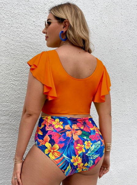 Plus Size Orange Floral Tropical Print Ruffle Sleeve High Waist Bikini