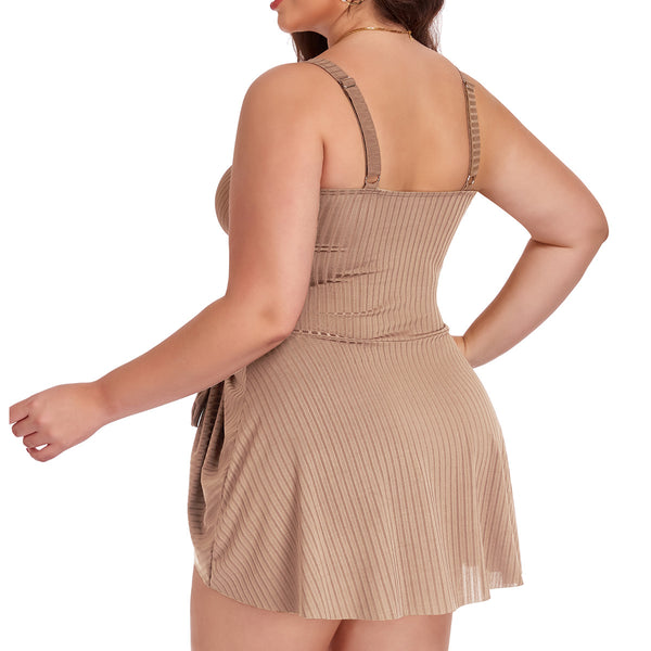 Brown Solid Deep V One Piece Swimsuit