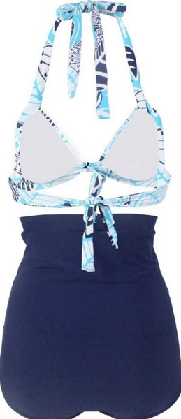 Plus Size High Waist Halter Bikinis Swimsuit Blue