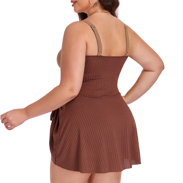 Brown Solid Deep V One Piece Swimsuit
